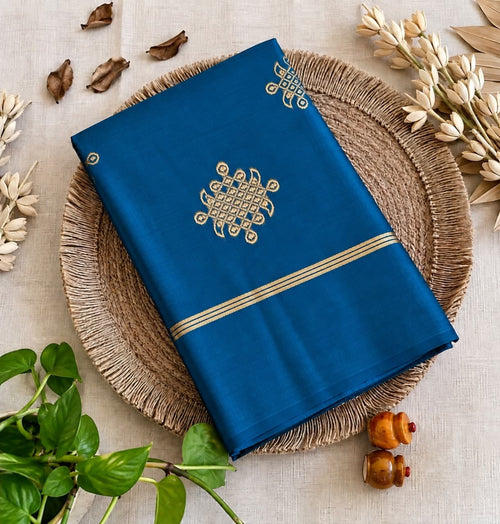 Rama Blue Kolam soft silk saree with zari weaving