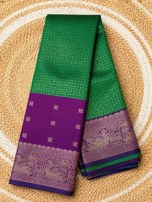 Green Kanchi checks soft silk saree with purple zari border