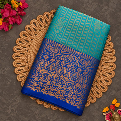 Vaira Oosi Saree | Turquoise with Royal Blue Border