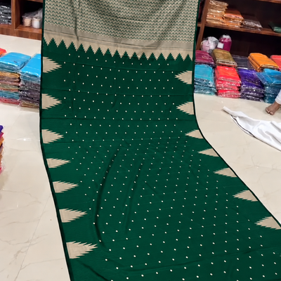 Soft Silk Tower Border Saree with Tassels | Bottle Green with Cream