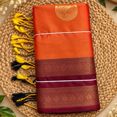 Pure Silk Inspired Bentex Border Saree with Beautiful Tassels|Bright orange with wine
