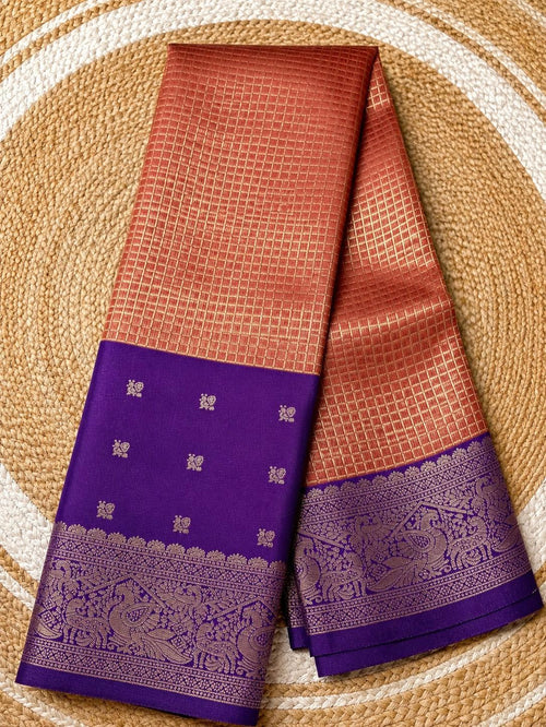 Peach Kanchi checks soft silk saree with violet zari border