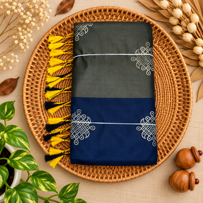 Premium Kolam Saree with Contrast Border | Dusky Olive with deep violet
