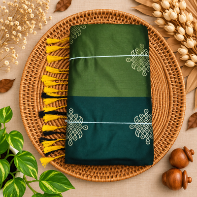Premium Kolam Saree with Contrast Border | Olive Green with Deap Teal