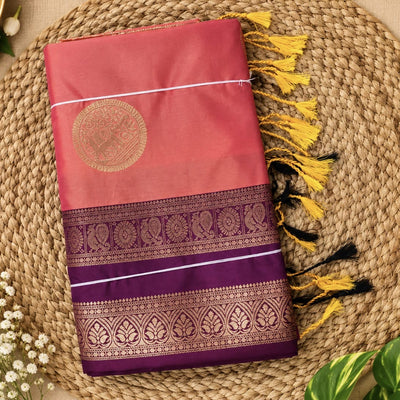 Pure Silk Inspired Bentex Border Saree with Beautiful Tassels|Peach pink with purple