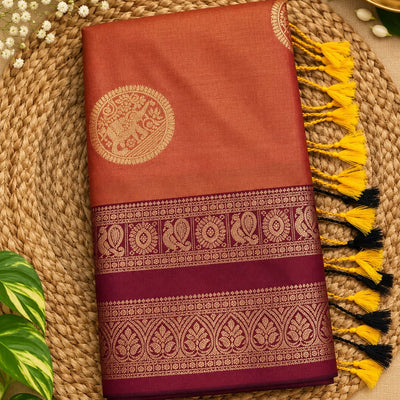 Pure Silk Inspired Bentex Border Saree with Beautiful Tassels|Rust Orange with wine