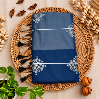 Premium Kolam Saree with Contrast Border | Steel blue with navy