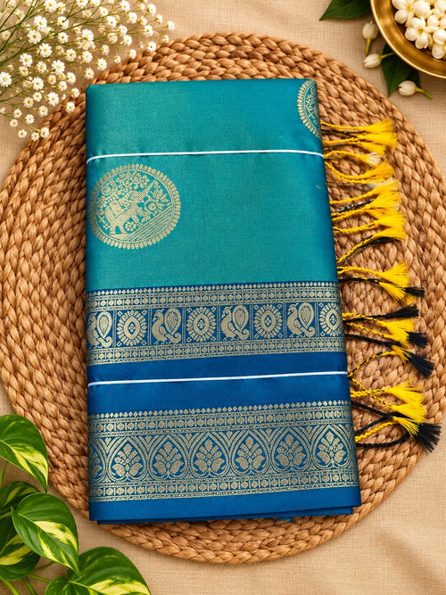 Teal Blue with Royal Blue silk-look saree with bentex border and tassels