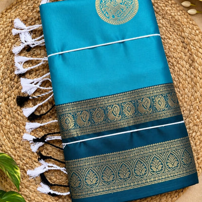 Pure Silk Inspired Bentex Border Saree with Beautiful Tassels|Turquoise Blue with Teal Blue
