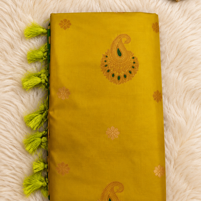 Soft Silk Saree with Zari Paisley Butta | Mustard Yellow