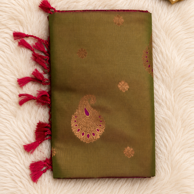 Soft Silk Saree with Zari Paisley Butta | Olive Green