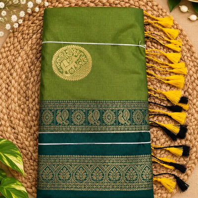 Pure Silk Inspired Bentex Border Saree with Beautiful Tassels|olive green with green