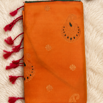 Soft Silk Saree with Zari Paisley Butta | Orange