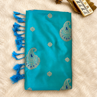 Soft Silk Saree with Zari Paisley Butta | Sky Blue