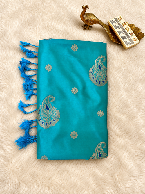 Sky blue soft silk saree with silver zari paisley butta and blue tassels