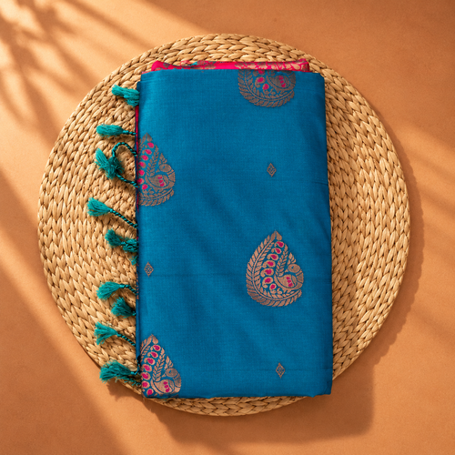 Teal Blue soft silk saree with zari meena butta