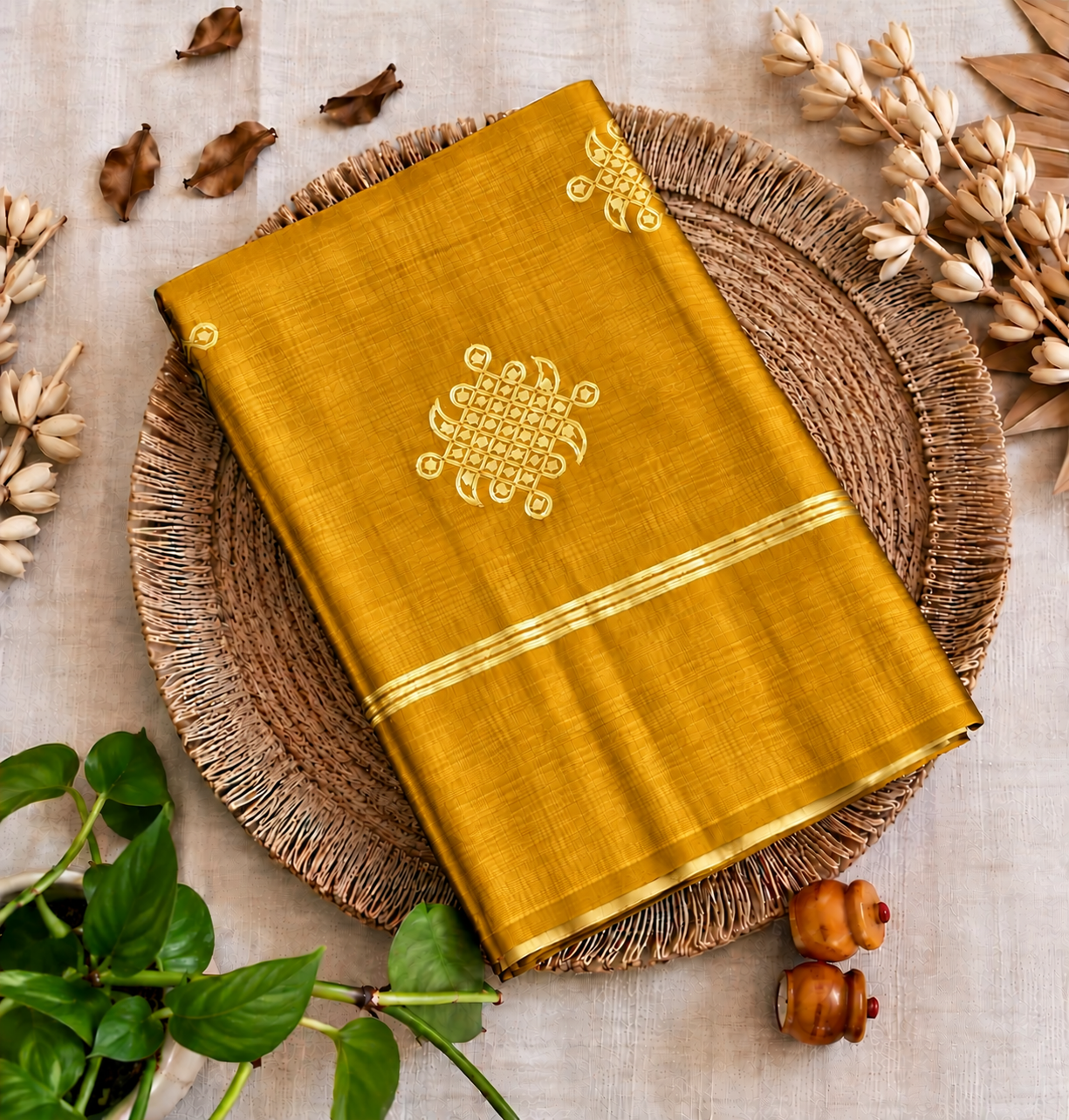Mustard yellow Kolam soft silk saree – Diwali gift idea