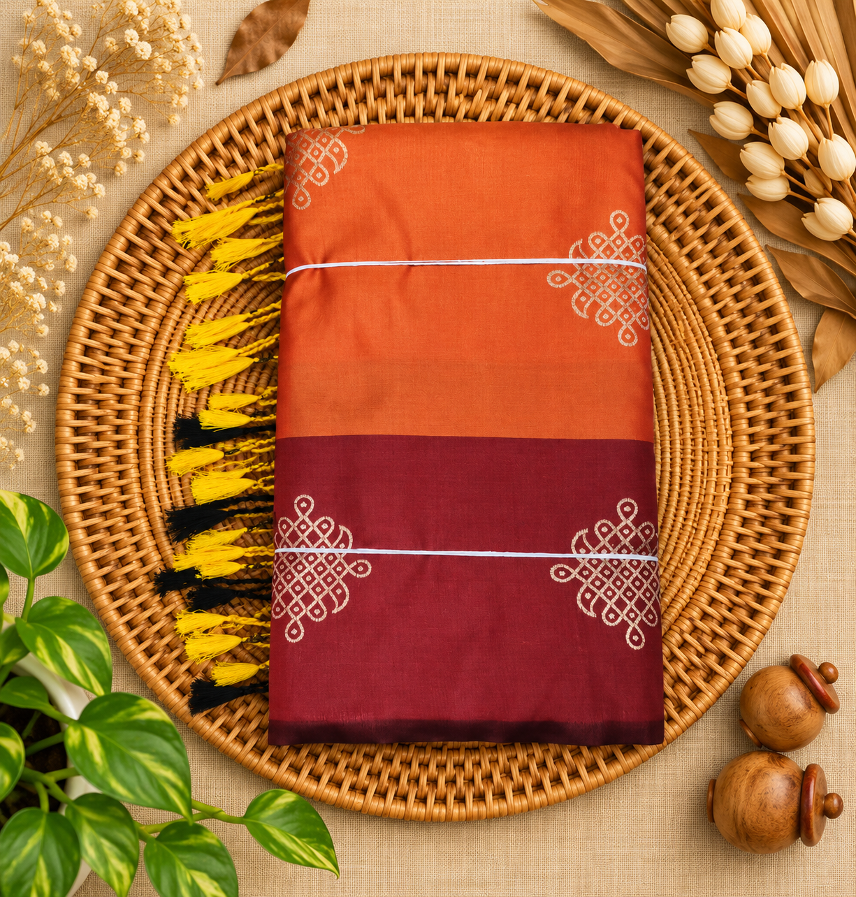 Orange with maroon premium Kolam saree with contrast border