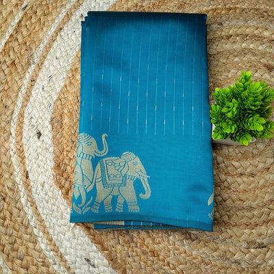 Elephant Border Soft Silk Saree | Peacock blue