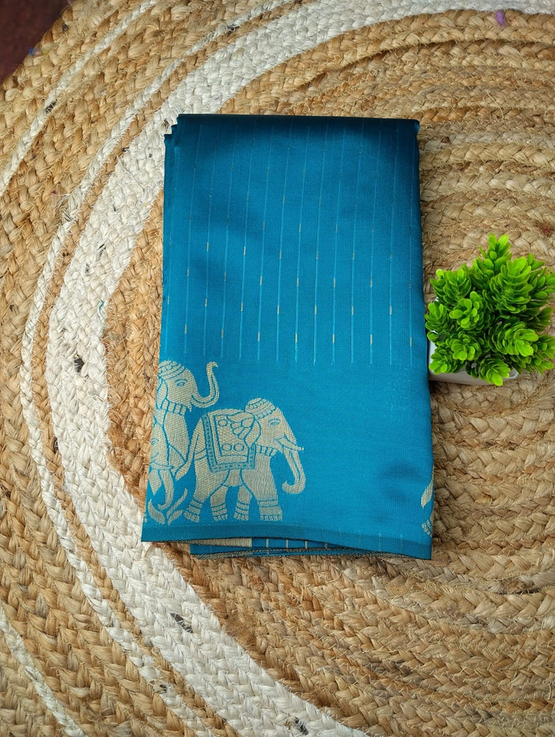 Elephant Border Soft Silk Saree | Peacock blue
