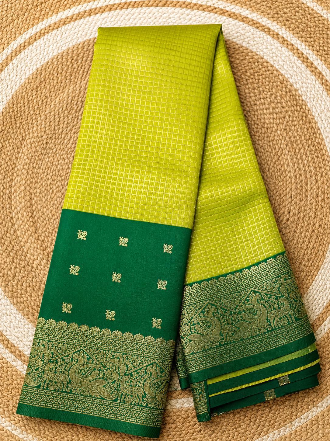 Lime green Kanchi checks soft silk saree with bottle green zari border