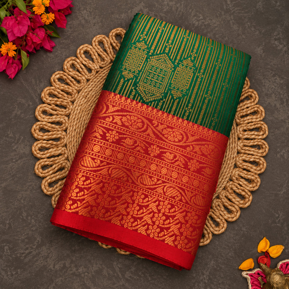Bottle green Vaira Oosi saree with red zari border