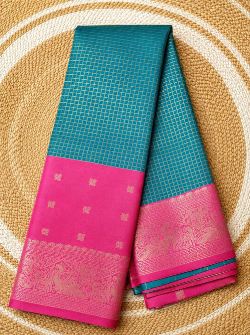 Peacock blue Kanchi checks soft silk saree with pink zari border