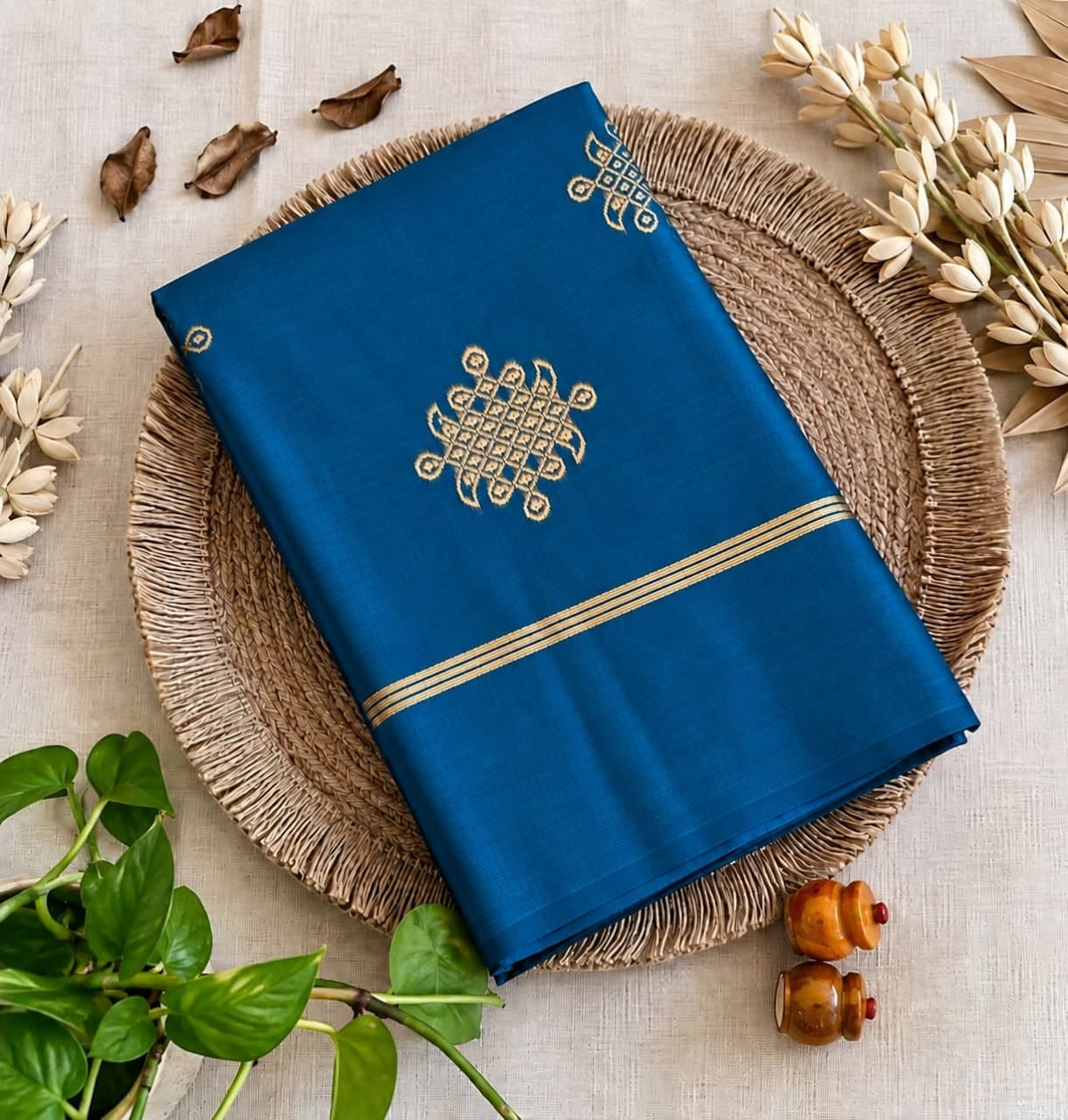Rama Blue Kolam soft silk saree with zari weaving Main image