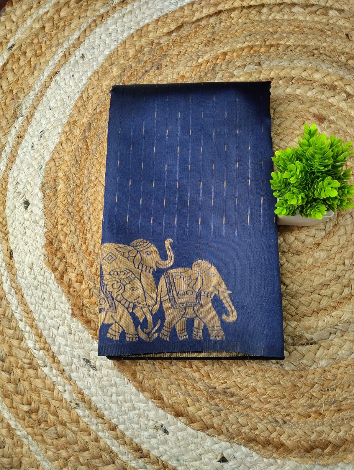 Elephant Border Soft Silk Saree | Navy Blue