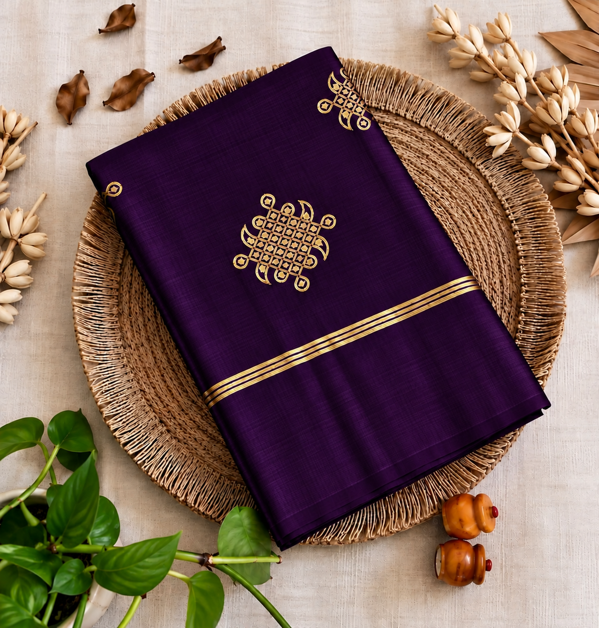 Purple Kolam soft silk saree with zari weaving Main image