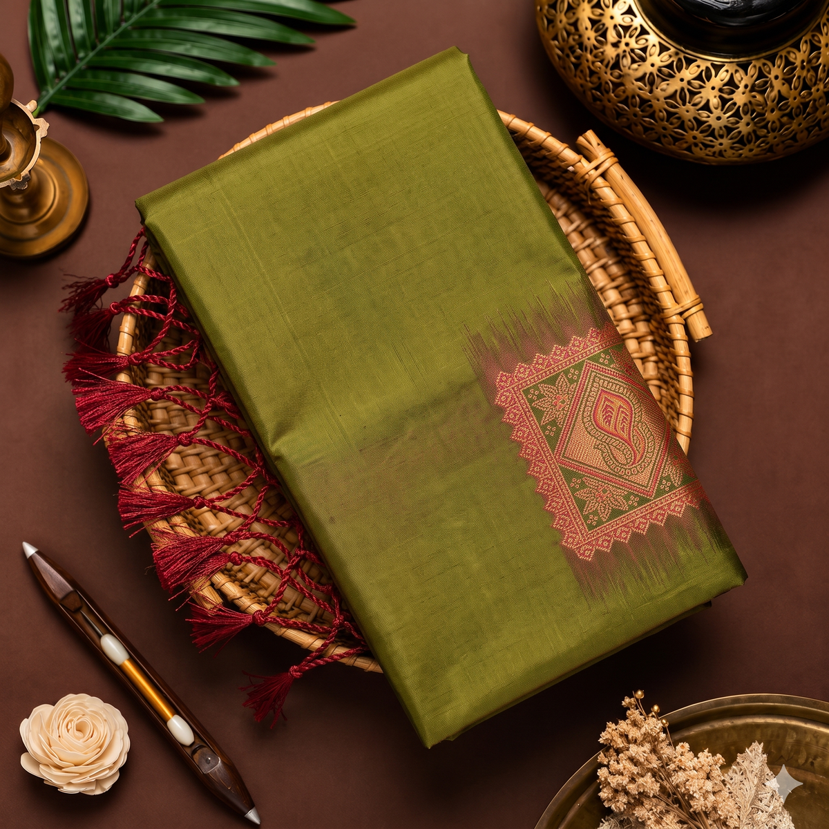 Olive green soft silk saree with pink Meena work pallu and red tassels