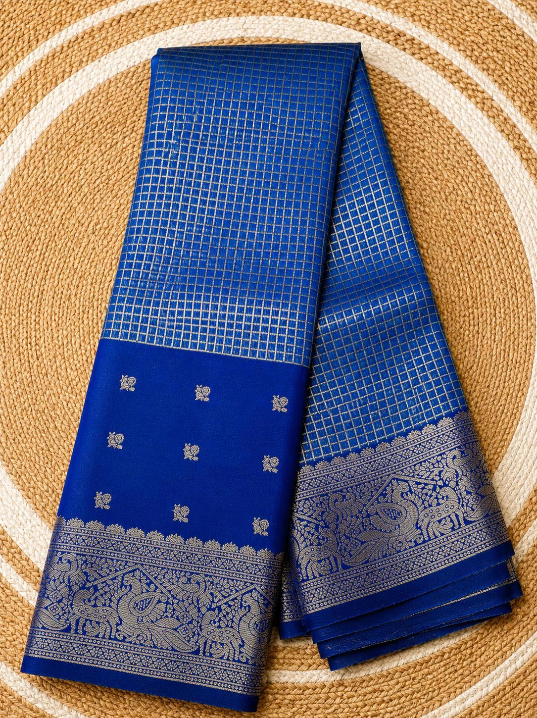 Royal blue Kanchi checks soft silk saree with silver zari border Main image