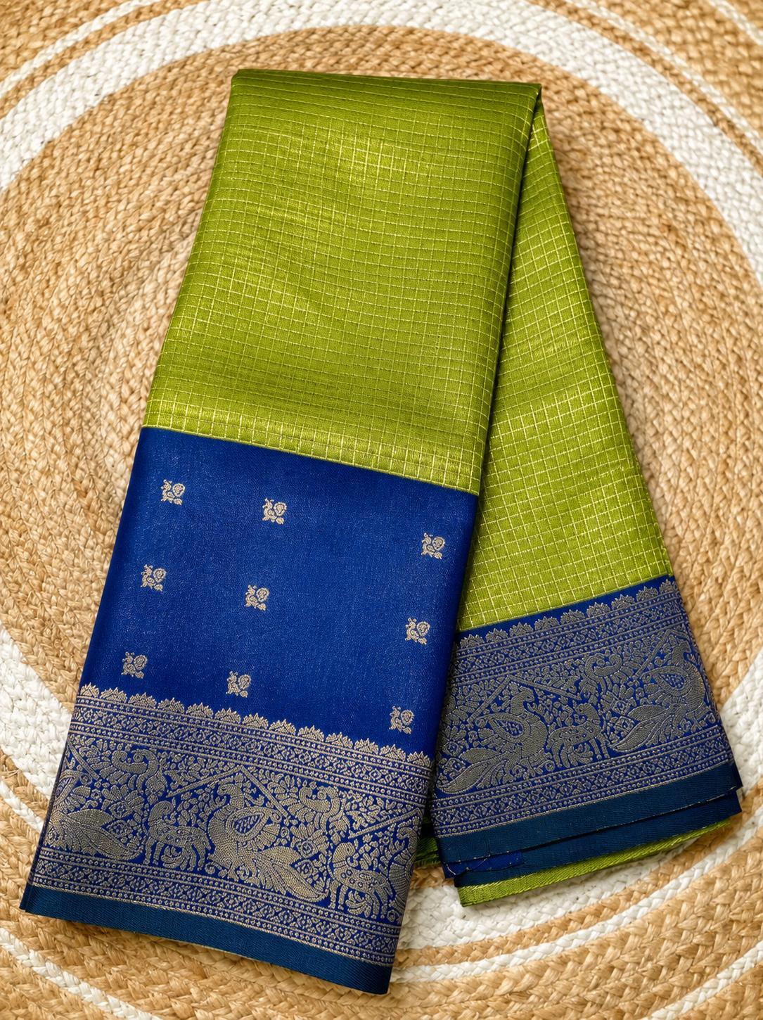 Mehendi green Kanchi checks soft silk saree with royal blue zari border Main image