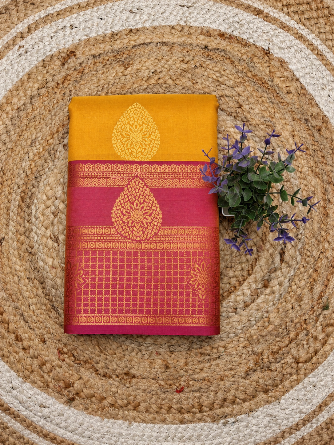 Kanchi Semi Silk Bentex Border Saree @ ₹850 | golden yellow