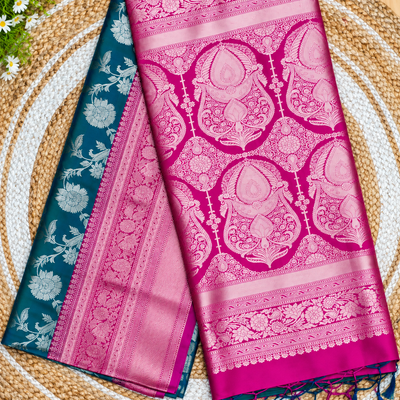 Premium Soft Silk Saree | Teal Green & Pink