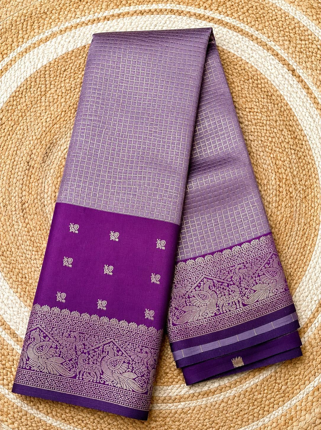 Lavender Kanchi checks soft silk saree with purple zari border Main image