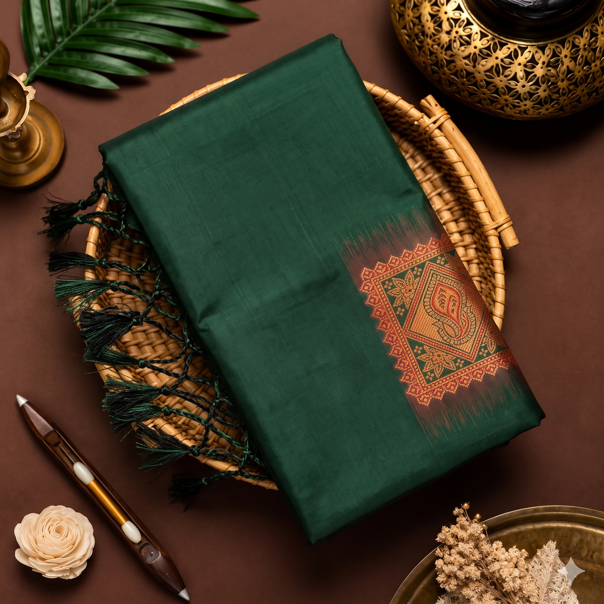 Bottle green soft silk saree with orange Meena work pallu and tassels Main image
