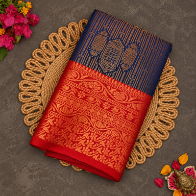 Vaira Oosi Saree | Navy Blue with Red Border