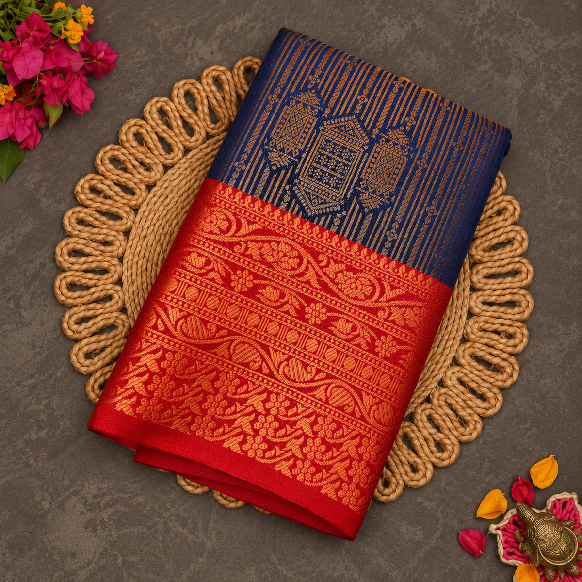 Navy blue Vaira Oosi saree with red zari border