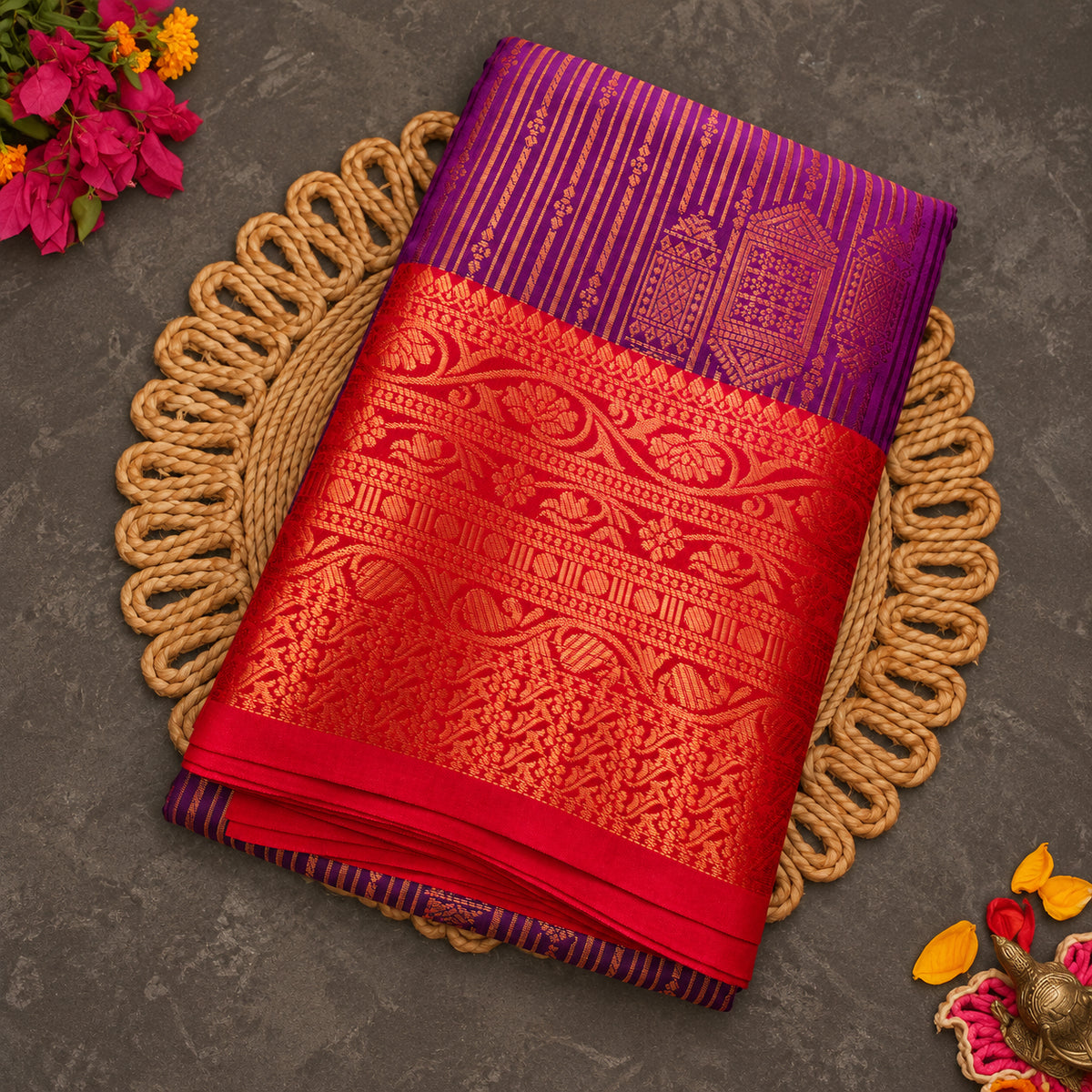 Violet Vaira Oosi saree with red zari border