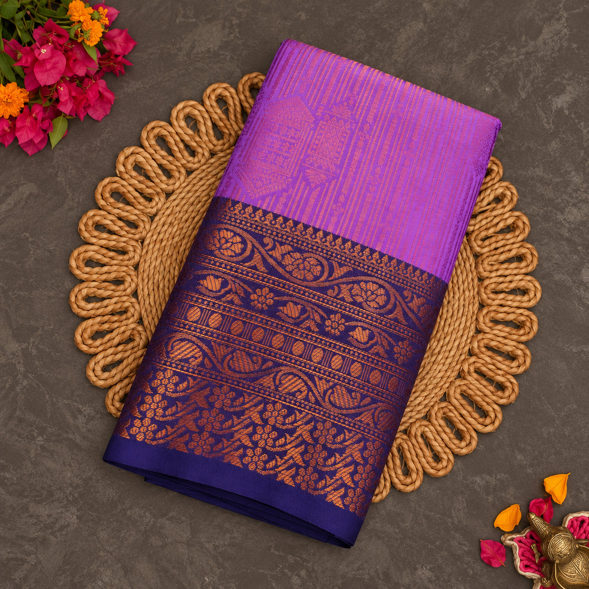 Lavender Vaira Oosi saree with navy zari border