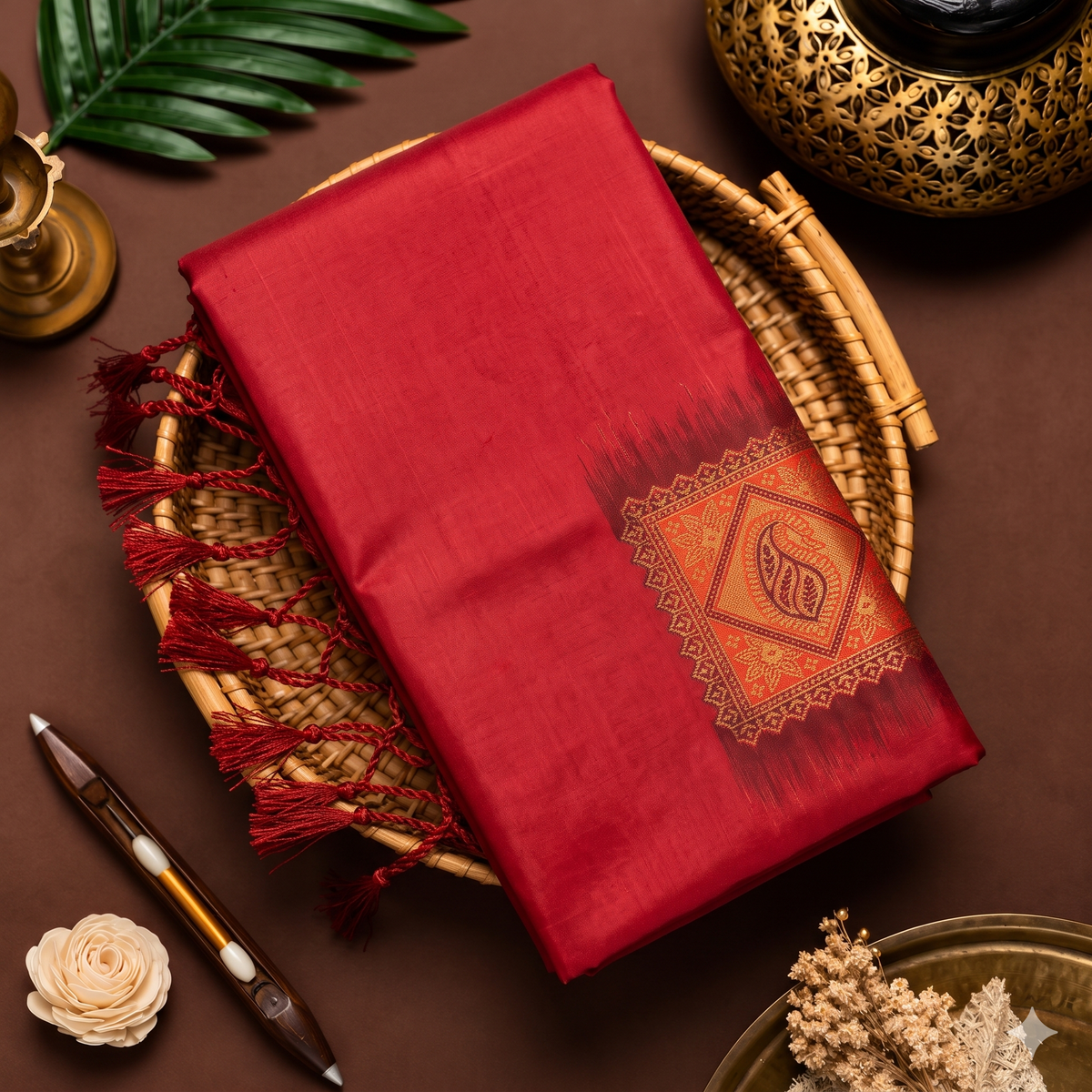 Red soft silk saree with orange Meena work pallu and red tassels