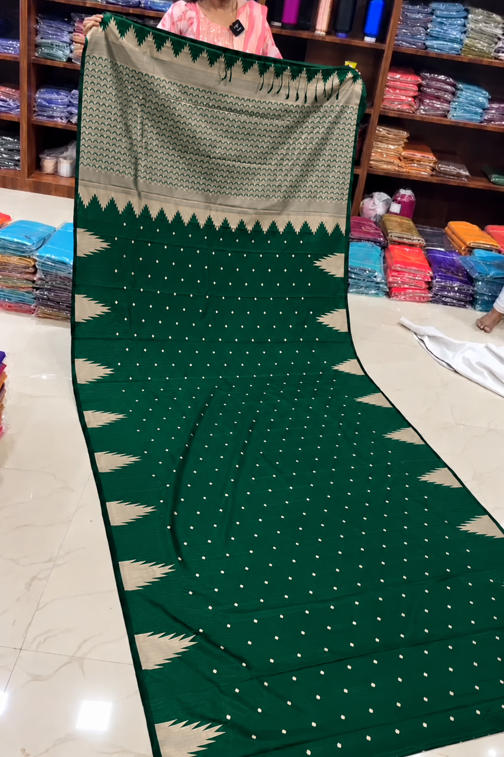 Bottle Green with Cream soft silk saree with temple tower border and tassels