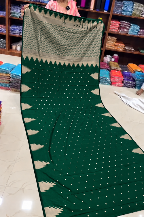 Bottle Green with Cream soft silk saree with temple tower border and tassels