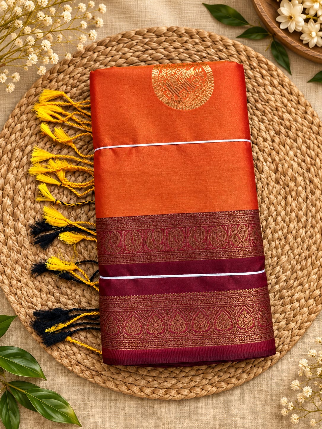 Bright Orange with Wine silk-look saree with bentex border and tassels Main image