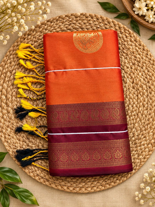 Bright Orange with Wine silk-look saree with bentex border and tassels
