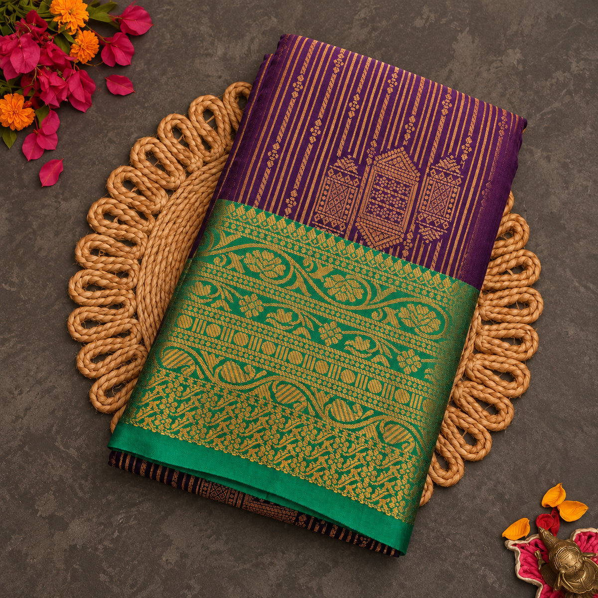 Purple Vaira Oosi saree with green zari border