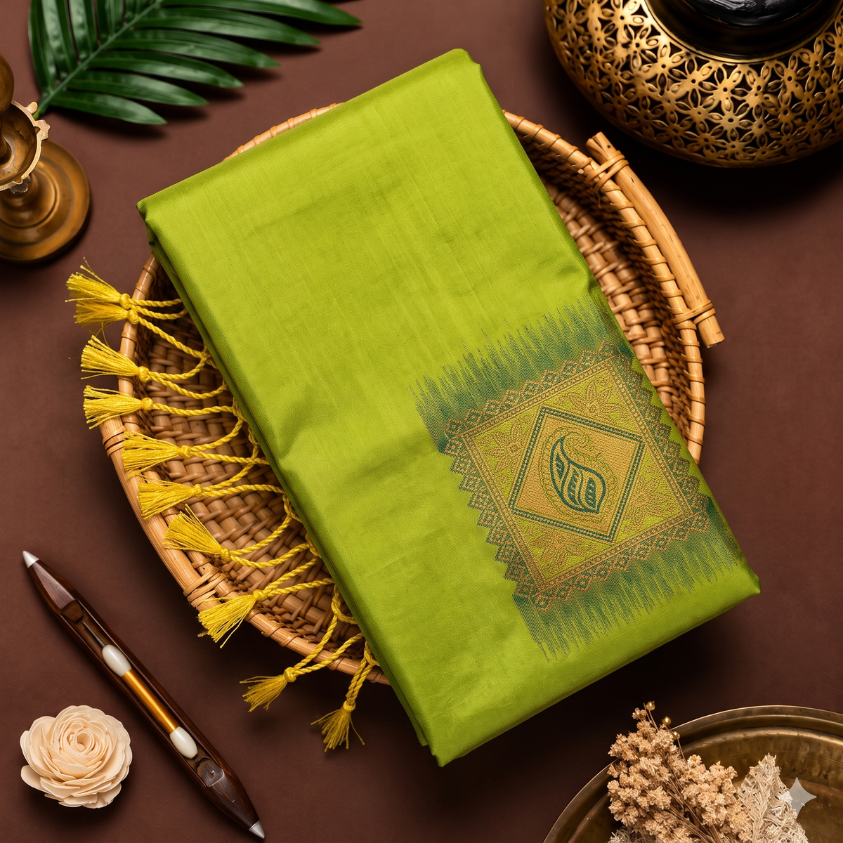 Parrot green soft silk saree with teal Meena work pallu and yellow tassels