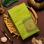 Parrot green soft silk saree with teal Meena work pallu and yellow tassels