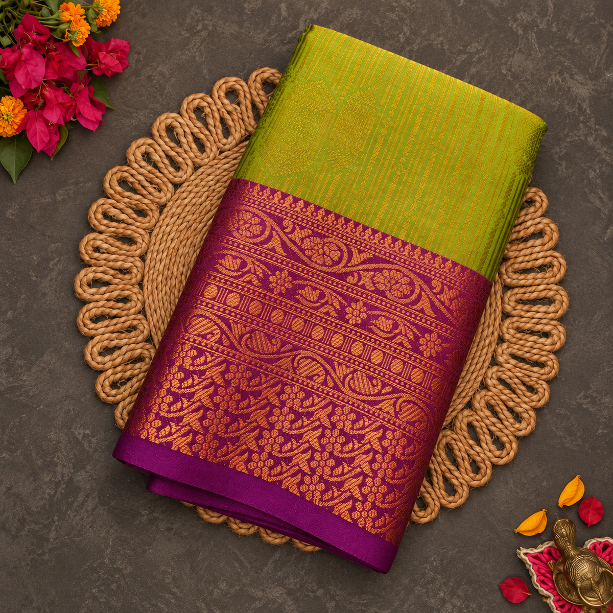 Mehendi green Vaira Oosi saree with magenta zari border Main image